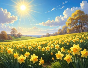 Bright sun shines over a vibrant field of yellow daffodils.