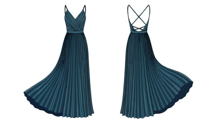 Elegant teal floor-length pleated evening gown showcasing criss-cross back straps and a flowing silhouette for sophisticated occasions