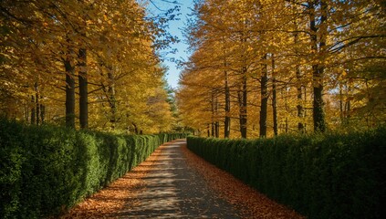 Obraz premium Tree-lined alley in autumn with colorful foliage and scattered leaves, suitable for editorial header backgrounds, seasonal change