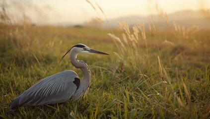 Obraz premium Heron perched on vibrant greenery in Rodopi, Greece, highlighting wildlife conservation