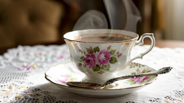 Extremely slow motion close-up of delicate steam rising from an elegant vintage teacup placed beside an antique silver spoon on a lace tablecloth romance, tea time, historical