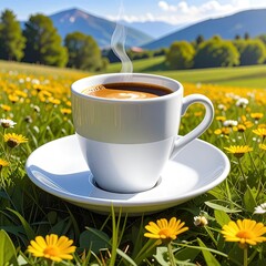 Steaming Coffee Cup Rests on Saucer Amidst a Meadow of Wildflowers, Mountains in Background