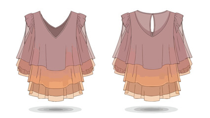 Stylish tiered chiffon blouse with v-neck and sheer sleeves showcasing elegant layered design and soft color palette for fashion apparel