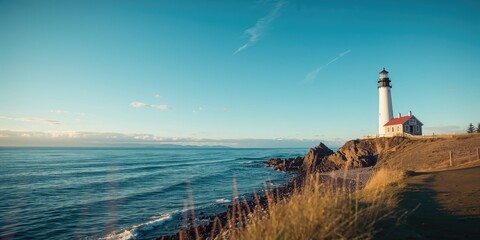Yacquina Lighthouse and Bay, the only wooded lighthouse on Oregon Coast, maritime safety focus