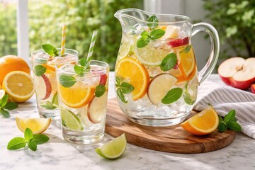 Fototapeta premium Tableware showcasing a pitcher of refreshing citrus and apple infused water