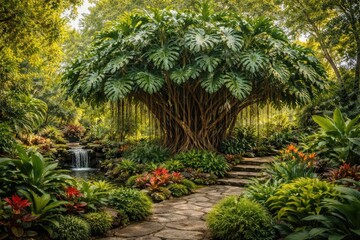 Serene garden with a large philodendron tree in full growth