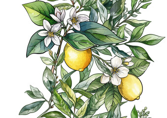 Lemons and tea botanical seamless pattern. Hand-drawn citrus fruit, tea leaves, flowers, and branches in vintage style. Natural, organic motif for textile, wallpaper, food, drink, kitchen projects.