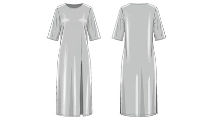 Minimalist long-sleeved grey dress front and back views technical fashion flat design sketch