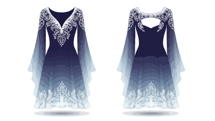 Elegant dark blue fantasy gown with intricate white lace and flowing bell sleeves featuring a gradient hem
