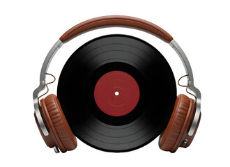 Brown leather headphones on a vinyl record isolated on white transparent background 