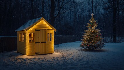 Naklejka premium Children's wooden yellow play house decorated with Christmas lights in garden setting for winter festivities