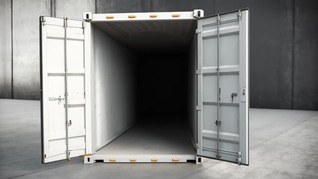 White shipping container open door empty interior metal storage unit industrial warehouse spacious clean modern secure solution concrete floor