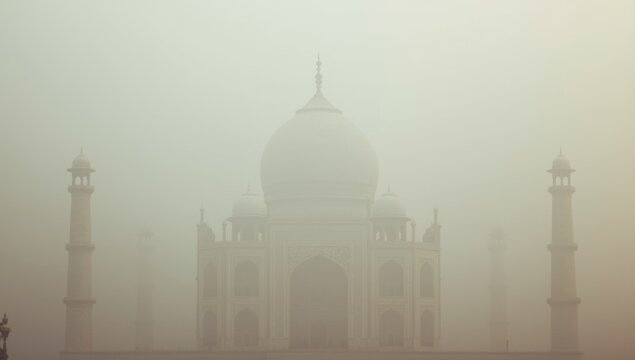 Overcast morning scene of the Taj Mahal shrouded in smog, illustrating air quality concerns