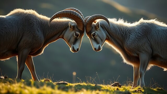contenders. Two rams facing off on a grassy hillside before a clash. wildlife magazines, conservation campaigns, designed for wildlife conservation campaigns, used by government communicators.