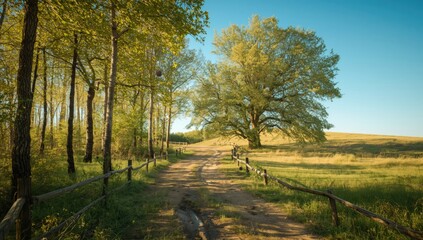 Path through a sunlit forest with a rustic wooden fence and towering trees creating shade, highlighting environmental preservation
