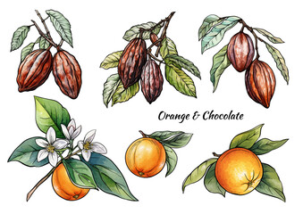Oranges and chocolate cacao botanical set. Hand-drawn fruits, cacao pods, orange blossoms, beans, and leaves in vintage culinary style for dessert, baking, kitchen, food, sweet, and ingredient designs