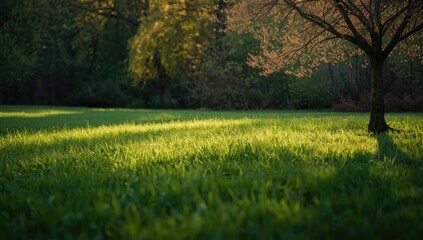 Sunlit green field with shadows and light effects in a spring park, ideal for background or UI panels