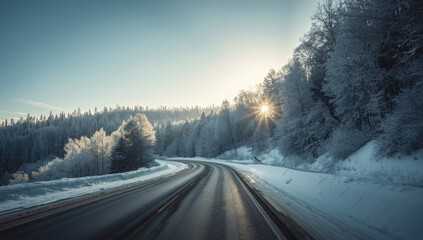 Snow-covered rural road through a forest during winter, highlighting winter travel conditions
