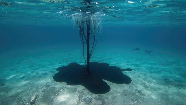Underwater scene showing oil spill affecting marine environment, illustrating ecological damage