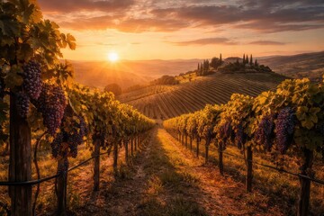 Fototapeta premium Ciepły zachód słońca nad winnicami na wzgórzach usianych dojrzałymi winogronami