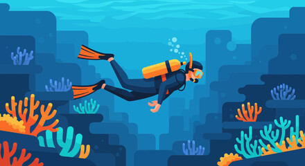 Scuba Diver Exploring Vibrant Coral Reef Underwater. © ALI