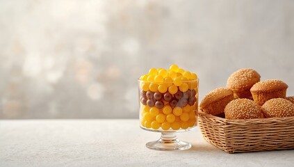 Glass jar filled with assorted candies, emphasizing storage and presentation in retail or home settings