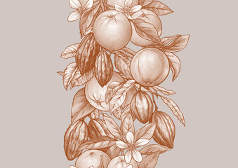 Oranges, cacao pods, and blossoms seamless botanical pattern. Hand-drawn fruits, botanical branches, leaves, flowers for vintage textile, wallpaper, kitchen, and food design. 