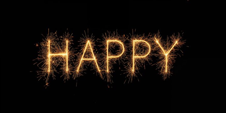 Black background with illuminated Happy message and sparklers, long exposure photography, festive event