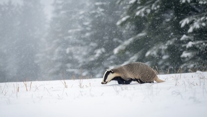 Obraz premium Wildlife scene of a striped beast foraging in snowy grass, highlighting animal behavior in winter