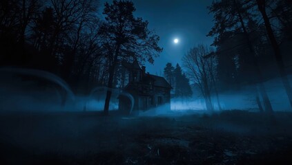 Old abandoned cottage surrounded by dark woods under moonlight, creating a spooky setting for horror themes, Halloween observance