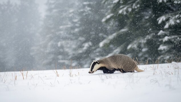 Wildlife scene of a striped beast foraging in snowy grass, highlighting animal behavior in winter