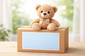 Adorable teddy bear sitting atop a cardboard box with a blank blue label sign and copy space for text