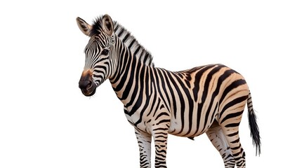 Fototapeta premium Close-up of a young zebra on a white background, emphasizing striped coat details, zoo animal