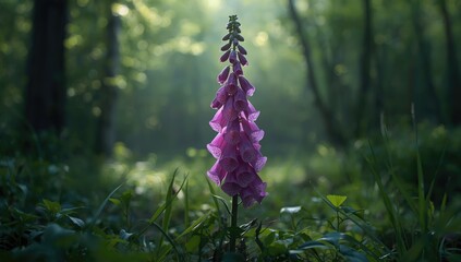 Naklejka premium Close-up of foxglove flowers highlighting pollination activity in a woodland environment, suitable for nature-themed layouts