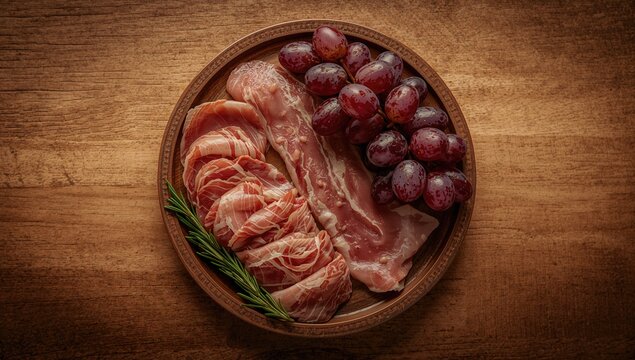 Italian-style prosciutto crudo sliced on a wooden board accompanied by grapes, used as a food preparation background