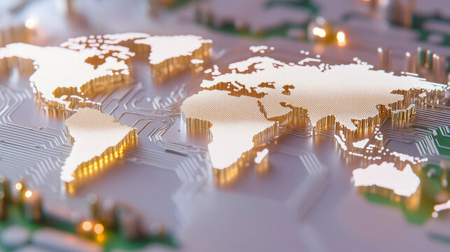 3D world map with binary code, dots and lights, palette of blush pink, mint green, and pearl white, cheerful seasonal digital artwork, AI generated