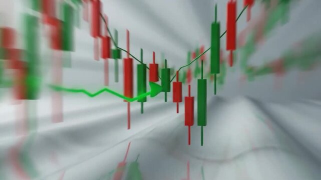 Financial chart showing stock market data with candlestick pattern and upward trend.