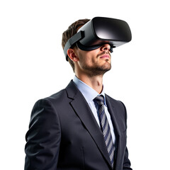 Businessman Engaged in Virtual Reality Experience in Professional Attire, Modern Technology Setting, Focused and Innovative Mood on transparent background