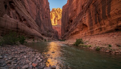 Sunlit mountain gorge featuring a river cutting through rocky terrain, highlighting erosion processes
