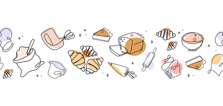 Seamless baking border with line pastry icons including croissants, cakes, tools, and ingredients on white background,for packaging, labels, banners, menus, food branding designs.Vector illustration