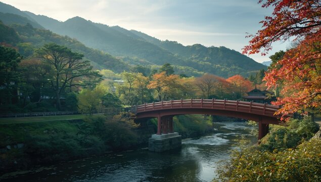 Scenic view of an ancient Japanese sacred bridge leading into a shrine, highlighting cultural significance
