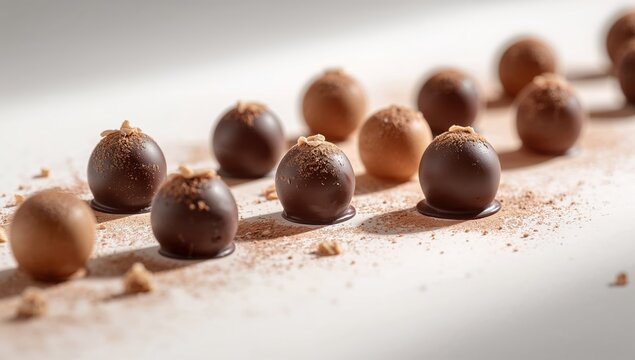 Assorted truffle chocolates displayed on a white background, highlighting homemade confectionery techniques, for holiday celebration