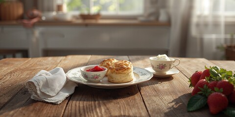 Scones with cream and jam set on a tea table, ideal for a traditional British tea break