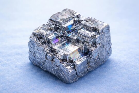 Single niobium metal piece presenting its shiny texture and crystal arrangement on a soft blue base