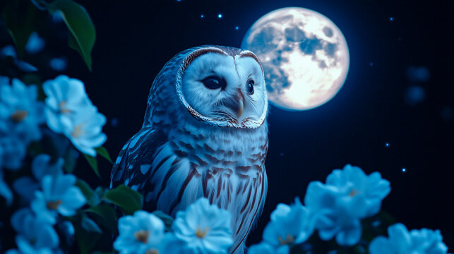 Owl illuminated by full moon, palette of matte cream, graphite gray, and vivid cobalt, modern abstract wildlife poster design