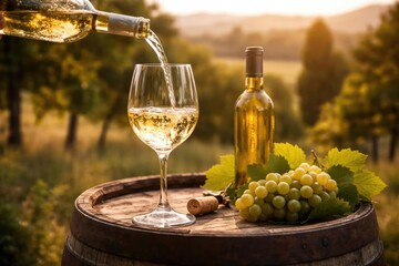 Fototapeta premium White wine poured in glass set on rustic barrel in tranquil rural location