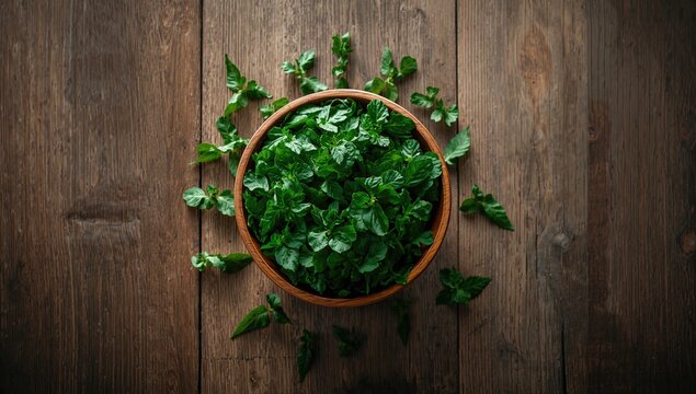 Herbal perilla or shiso leaves displayed in a wooden bowl, highlighting traditional Asian cuisine