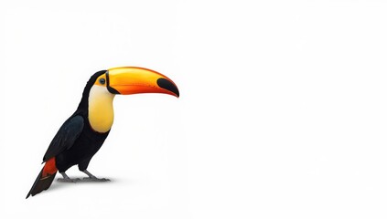Fototapeta premium Tropical toucan perched on a white background, highlighting bird species recognition and habitat preservation