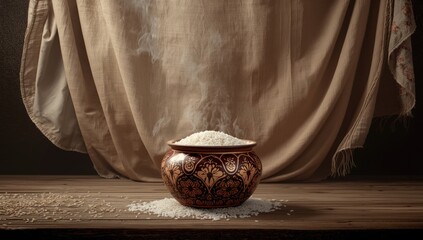 Simple rice cooking scene in a household environment, focusing on everyday food preparation