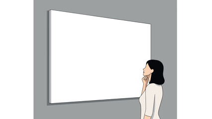Woman observing blank canvas in minimalist art gallery setting